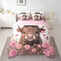 jejeloiu Highland Cow Comforter Set with Sheets 7 Piece Queen Size Highland Cattle Bed in a Bag Kids Boys Girls Romantic Rose Bedding Set Bedroom Decor Breathable Soft Lightweight Microfiber