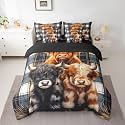 jejeloiu Highland Cow Comforter Set with Sheets 7 Piece Queen Size Highland Cattle Bed in a Bag Kids Boys Girls Brown Grey Bedding Set Bedroom Decor Breathable Soft Lightweight Microfiber