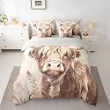 jejeloiu Highland Cow Comforter Set Twin Size 7 Pieces Highland Cattle Bedding Set Kids Light Brown Bed in a Bag with Comforter, Sheets, Pillowcases, Cushion Covers Breathable Soft Lightweight
