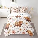 jejeloiu Highland Cow Twin Comforter Set with Sheets for Kids Boys Girls Highland Cattle 7 Pieces Bedding Set Flower Floral Bed in a Bag Room Decor Soft Lightweight Microfiber