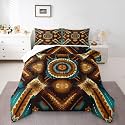 jejeloiu Southwestern Comforter Set Queen Size Tribal Native Bedding Set for Kids Boys Girls Brown Teal Duvet Quilt Bedroom Decor Microfiber 3 Pcs with 2 Pillow Cases