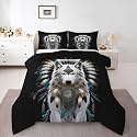 jejeloiu Wolf Comforter Set All Season Southwestern Bedding Set with 2 Pillow Cases Bohemian Style Microfiber Kids King Bedclothes Bedroom Decor Duvet Quilt Breathable Soft Lightweight