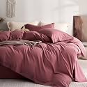 JELLYMONI 100% Washed Cotton Deep Rose Duvet Cover Twin, Linen-Like