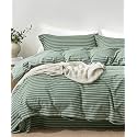 JELLYMONI 100% Washed Cotton Forest Green Striped Duvet Cover Set Cal King