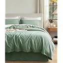 JELLYMONI 100% Washed Cotton Green Duvet Cover Full, Linen-Like
