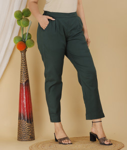 jemor women regular fit dark green pure cotton trousers