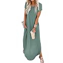 Jeqeocafy Women Summer Long Sundress Crewneck Short Sleeve Maxi Dress 2026 Casual Loose Beach Dress with Pockets