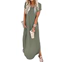 Jeqeocafy Women Summer Long Sundress Crewneck Short Sleeve Maxi Dress 2026 Casual Loose Beach Dress with Pockets