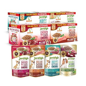 jerhigh wet food in jelly for dog combo chicken meat with roasted duck 12pc grilled chicken meat 12pc chicken meat with liver 12pc chicken with riceberry liver flavor 12pc 48x130g