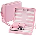 Jerify Travel Backgammon Set Board Games for Adults Portable Backgammon 9.4 x 7.1 inches Leatherette Case Classic Strategy Game for Families Companion Airplane, Camping(Pink)