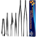 JETKONG 6 Pcs Cooking Tweezer Tongs, 12'' and 6.3" Stainless Steel Kitchen Tweezer Set, Professional Chef Tweezers for Cooking, Repairing, Sea Food, BBQ, Multi-use (Black)