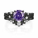 Jeulia 2PCS Wedding Ring Set for Women 1.5 ct Black Thorn Purple Rose Cut 925 Sterling Silver Gothic Bat Design Engagement Ring Vintage Jewelry with Gift Box