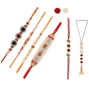 combo of 3 thread dora rakhi wtth 3 lumba set for brother bhaiya bhabhi