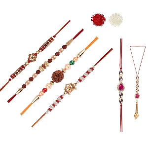 combo of 3 thread dora rakhi wtth 3 lumba set for brother bhaiya bhabhi