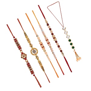 combo of 3 thread dora rakhi wtth 3 lumba set for brother bhaiya bhabhi