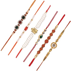 combo of 3 thread dora rakhi wtth 3 lumba set for brother bhaiya bhabhi