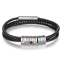 Jewelstruck Fathers Day Custom Bracelet for Men Personalized Leather Bracelets Customized Beads Engraved 1-8 Birthstone Names Jewelry Gifts for Men Husband Christmas Valentines