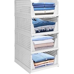 foldable plastic wardrobe organizer - stackable storage solution for clothes ideal for bathroom kitchen and bedroom use pack of 4 white