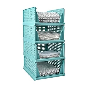 foldable plastic wardrobe organizer - stackable storage solution for clothes ideal for bathroom kitchen and bedroom use pack of 3 blue