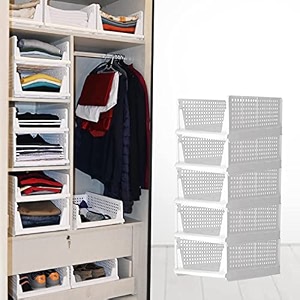 foldable plastic wardrobe organizer - stackable storage solution for clothes ideal for bathroom kitchen and bedroom use pack of 5 white