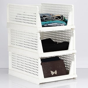 foldable plastic wardrobe organizer - stackable storage solution for clothes ideal for bathroom kitchen and bedroom use pack of 3 white