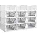 Foldable Plastic Wardrobe Organizer - Stackable Storage Solution for Clothes, Ideal for Bathroom, Kitchen, and Bedroom Use (Pack of 12, White)