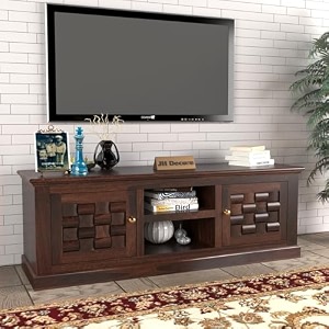 davis solid sheesham wood tv unit for living room tv entertainment unit tv cabinet with 2 open shelves amp 2 doors cabinet storage walnut finish