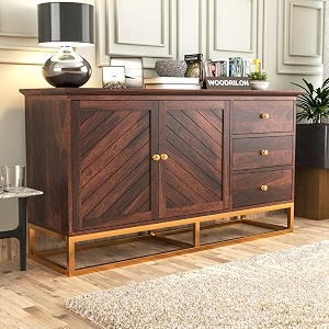 genevieve solid sheesham wood sideboard cabinet with 3 drawers and 2 doors storage wooden cabinet with metal stand for living room home amp office walnut finish