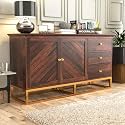Genevieve Solid Sheesham Wood Sideboard Cabinet with 3 Drawers and 2 Doors Storage, Wooden Cabinet with Metal Stand for Living Room, Home &amp; Office (Walnut Finish)