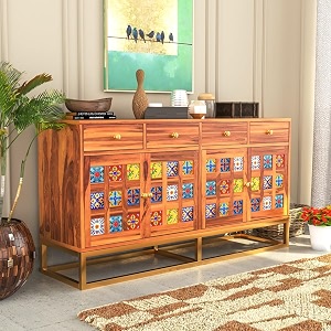 sideboard cabinet for living room  solid sheesham wood buffet cabinet with storage  wooden storagecrockery cabinet for home kitchen furniture honey finish