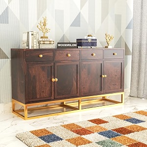 reign solid sheesham wood sideboard cabinet with 4 drawers and 4 doors storage wooden cabinet with metal stand for living room home amp office walnut finish