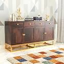Reign Solid Sheesham Wood Sideboard Cabinet with 4 Drawers and 4 Doors Storage, Wooden Cabinet with Metal Stand for Living Room, Home &amp; Office (Walnut Finish)