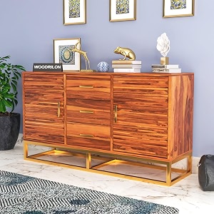 wren solid sheesham wood sideboard cabinet with 3 drawers and 2 doors storage wooden cabinet with metal stand for living room home amp office honey finish