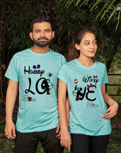 jh mart printed couple round neck light blue t-shirt