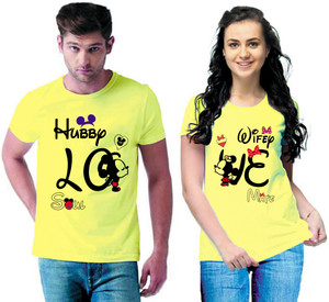 jh mart printed couple round neck yellow t-shirt