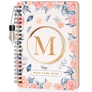 jhingalala diaries - a5 hardbound initial letter m wiro notebook diary with customise name i personalise spiral notebook with planner and calendar 2024 i 160 undated ruled pages initial m