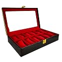 Men and Women Premium Transparent Glass Top Watch Box/Watch Organizer/Watch case for 12 Watches (Black, Red)