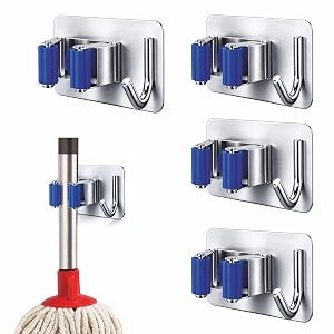 jialto 4 pcs adhesive mop holder and broom holder wall mounted stainless steel  heavy duty mop amp broom organizer with hooks  adhesive storage rack for kitchen amp bathroom blue 4
