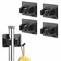 JIALTO 4 Pcs Adhesive Mop Holder and Broom Holder Wall Mounted Stainless Steel | Heavy Duty Mop & Broom Organizer with Hooks | Adhesive Storage Rack for Kitchen & Bathroom (Blue, 4)