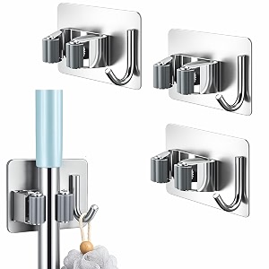 jialto 3 pcs adhesive mop holder and broom holder wall mounted stainless steel  heavy duty mop amp broom organizer with hooks  adhesive storage rack for kitchen bathroom amp garage silver 3