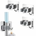 JIALTO 3 Pcs Adhesive Mop Holder and Broom Holder Wall Mounted Stainless Steel | Heavy Duty Mop &amp; Broom Organizer with Hooks | Adhesive Storage Rack for Kitchen, Bathroom &amp; Garage (Silver, 3)
