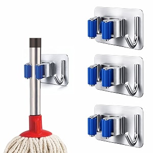 jialto 3 pcs adhesive mop holder and broom holder wall mounted stainless steel  heavy duty mop amp broom organizer with hooks  adhesive storage rack for kitchen amp bathroom blue 3
