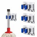 JIALTO 3 Pcs Adhesive Mop Holder and Broom Holder Wall Mounted Stainless Steel | Heavy Duty Mop &amp; Broom Organizer with Hooks | Adhesive Storage Rack for Kitchen &amp; Bathroom (Blue, 3)