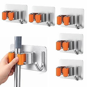 jialto 5 pcs adhesive mop holder and broom holder wall mounted stainless steel  heavy duty mop amp broom organizer with hooks  adhesive storage rack for kitchen amp bathroom - orange