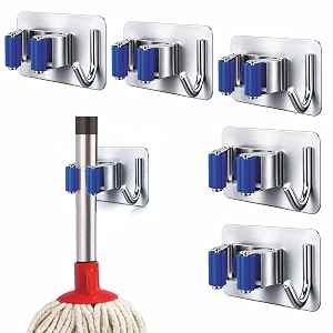 jialto 5 pcs adhesive mop holder and broom holder wall mounted stainless steel  heavy duty mop amp broom organizer with hooks  adhesive storage rack for kitchen amp bathroom blue 5