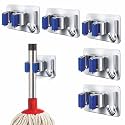 JIALTO 5 Pcs Adhesive Mop Holder and Broom Holder Wall Mounted Stainless Steel | Heavy Duty Mop &amp; Broom Organizer with Hooks | Adhesive Storage Rack for Kitchen &amp; Bathroom (Blue, 5)