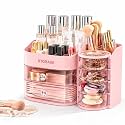 JIALTO Bathroom Cosmetic Organizer with Drawers – Multi-Layer Makeup Storage Box with Transparent Compartments, Skincare &amp; Jewelry Holder, Vanity Countertop Organizer for Brushes &amp; Accessories (Pinks)
