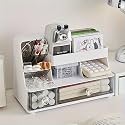 JIALTO Bathroom Cosmetic Organizer– Multi Compartment Makeup Storage Box for Vanity, Skincare, Lipstick Holder with Transparent Drawers, Countertop Dressing Table Organizer (Whites)