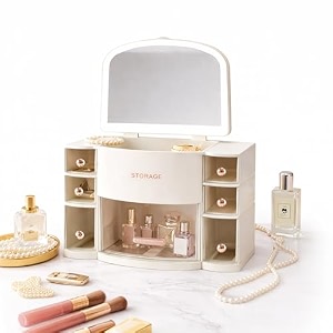 jialto bathroom organizer with mirror  multi-compartment cosmetic amp toiletry storage box with drawers countertop vanity organizer for skincare toothpaste creams amp accessories off - white