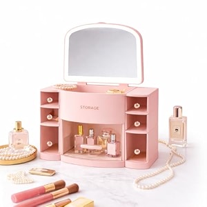jialto bathroom organizer with mirror  multi-compartment cosmetic amp toiletry storage box with drawers countertop vanity organizer for skincare toothpaste creams amp accessories light pink